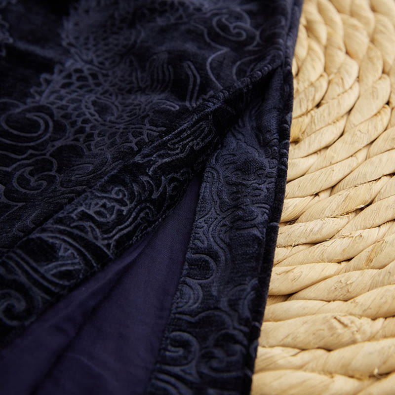 Vintage Fall Winter Chinese Frog-Button Tang Suit Men's Dragon Jacquard Robe With Pockets