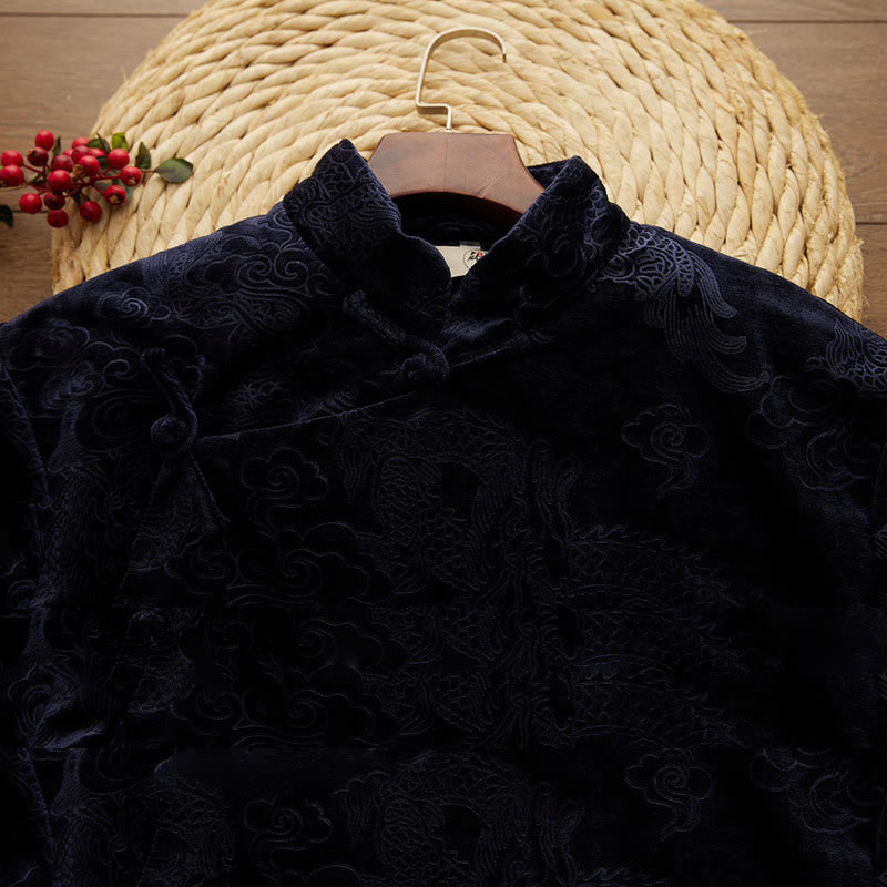 Vintage Fall Winter Chinese Frog-Button Tang Suit Men's Dragon Jacquard Robe With Pockets