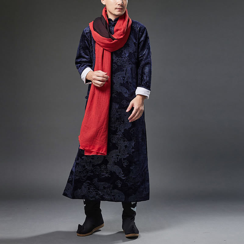 Vintage Fall Winter Chinese Frog-Button Tang Suit Men's Dragon Jacquard Robe With Pockets
