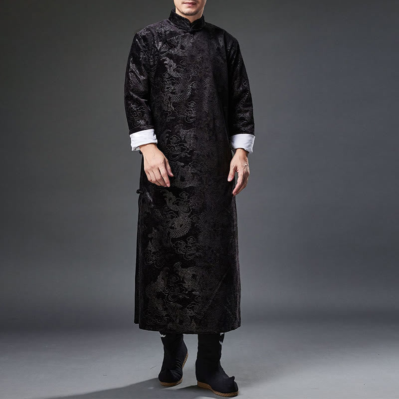 Vintage Fall Winter Chinese Frog-Button Tang Suit Men's Dragon Jacquard Robe With Pockets