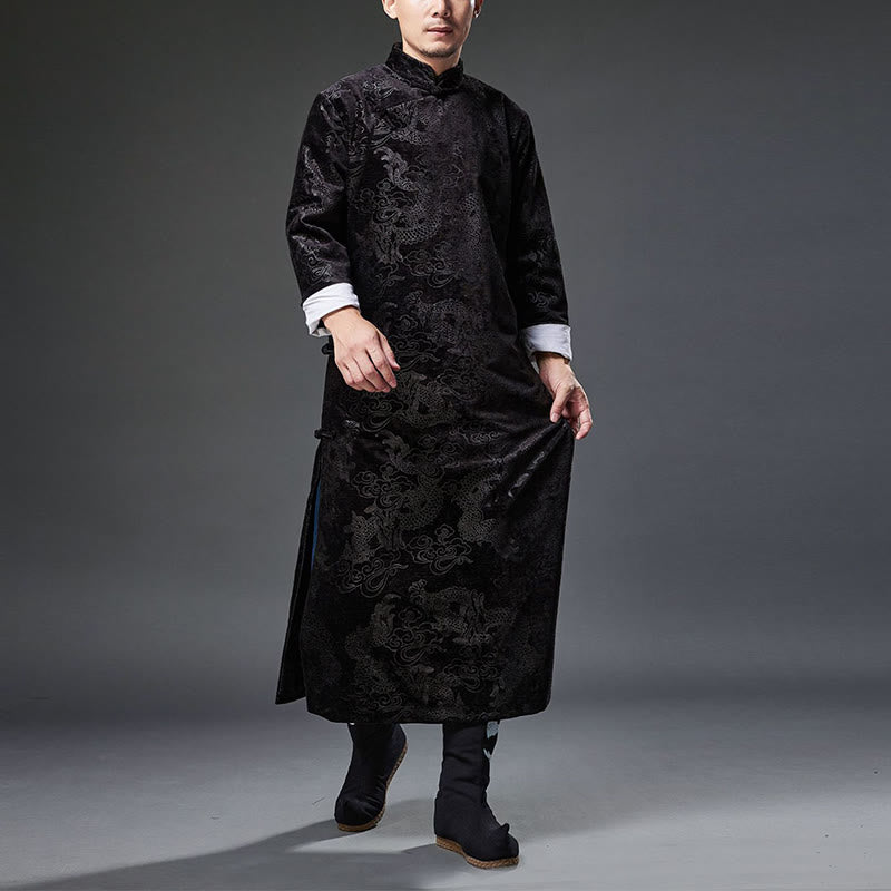 Vintage Fall Winter Chinese Frog-Button Tang Suit Men's Dragon Jacquard Robe With Pockets
