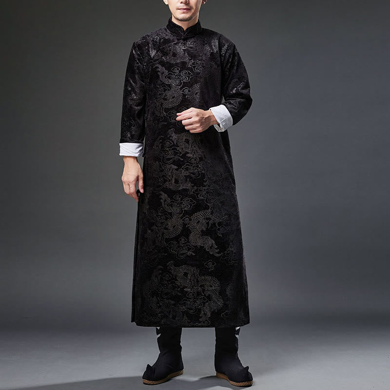 Vintage Fall Winter Chinese Frog-Button Tang Suit Men's Dragon Jacquard Robe With Pockets