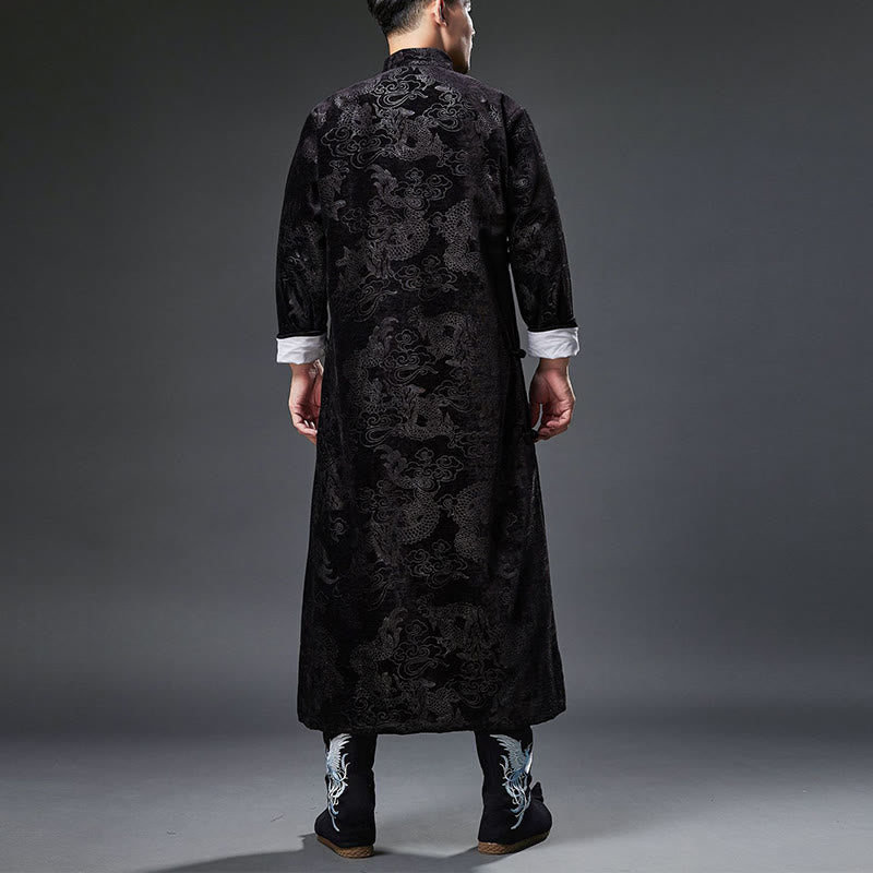 Vintage Fall Winter Chinese Frog-Button Tang Suit Men's Dragon Jacquard Robe With Pockets