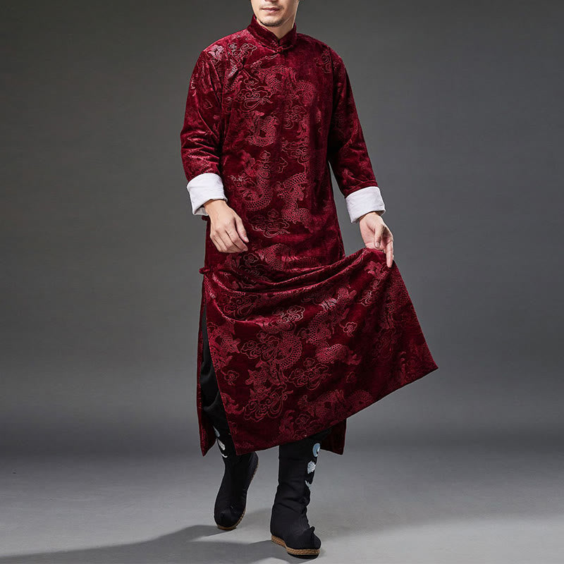 Vintage Fall Winter Chinese Frog-Button Tang Suit Men's Dragon Jacquard Robe With Pockets