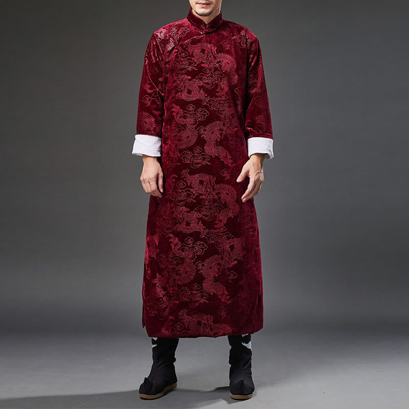 Vintage Fall Winter Chinese Frog-Button Tang Suit Men's Dragon Jacquard Robe With Pockets