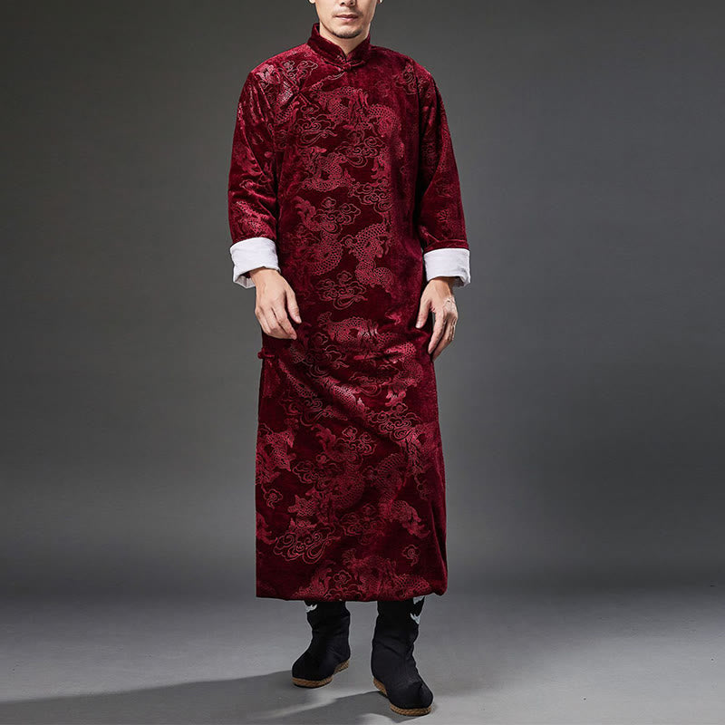 Vintage Fall Winter Chinese Frog-Button Tang Suit Men's Dragon Jacquard Robe With Pockets