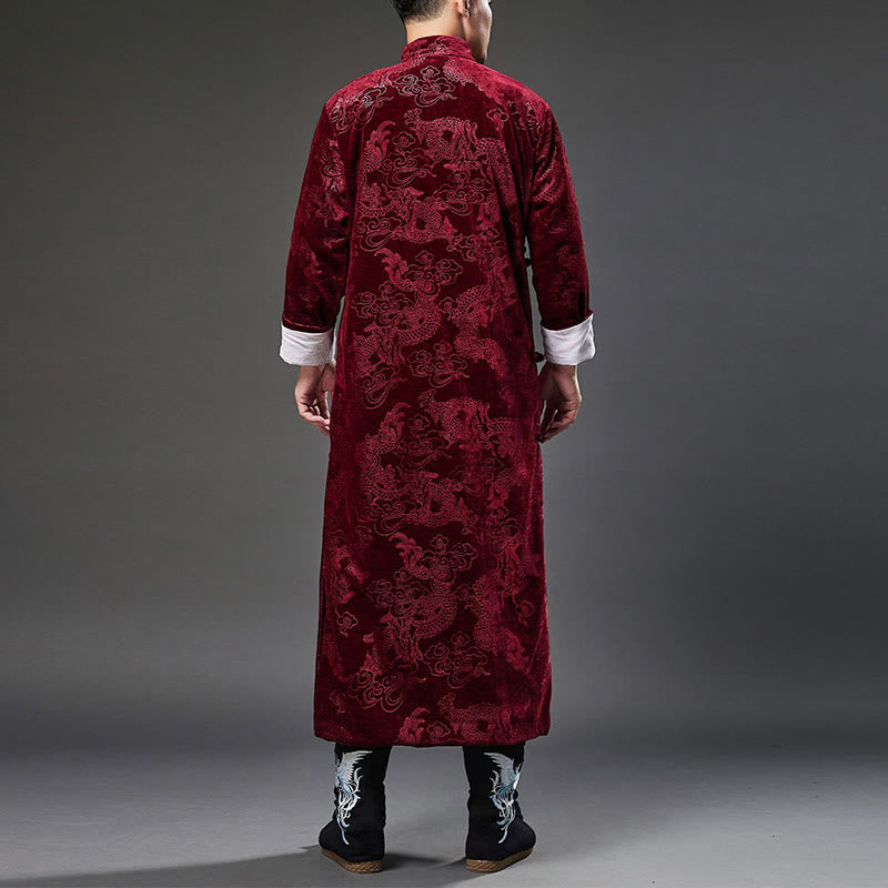 Vintage Fall Winter Chinese Frog-Button Tang Suit Men's Dragon Jacquard Robe With Pockets