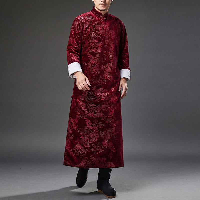 Vintage Fall Winter Chinese Frog-Button Tang Suit Men's Dragon Jacquard Robe With Pockets