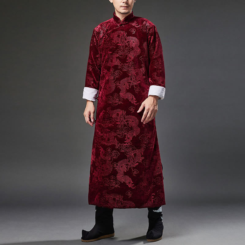 Vintage Fall Winter Chinese Frog-Button Tang Suit Men's Dragon Jacquard Robe With Pockets