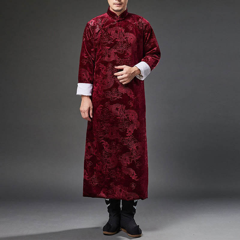 Vintage Fall Winter Chinese Frog-Button Tang Suit Men's Dragon Jacquard Robe With Pockets