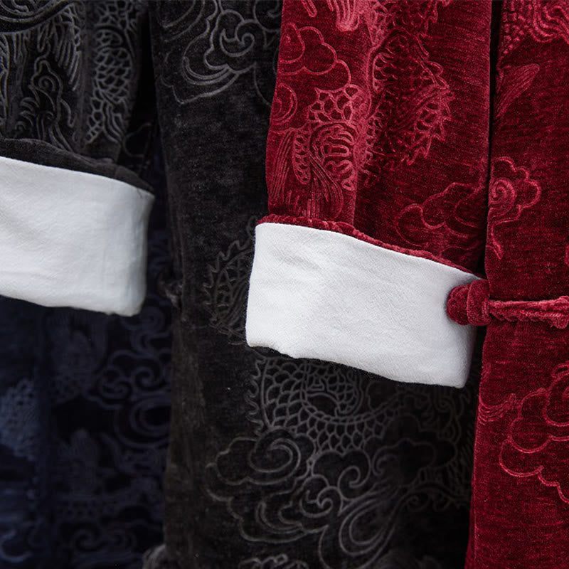 Vintage Fall Winter Chinese Frog-Button Tang Suit Men's Dragon Jacquard Robe With Pockets