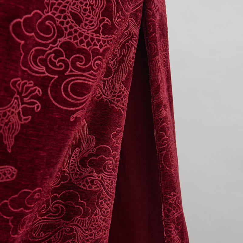 Vintage Fall Winter Chinese Frog-Button Tang Suit Men's Dragon Jacquard Robe With Pockets