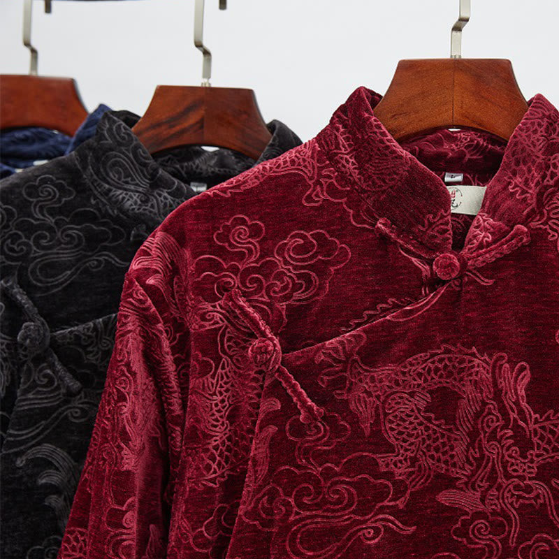 Vintage Fall Winter Chinese Frog-Button Tang Suit Men's Dragon Jacquard Robe With Pockets