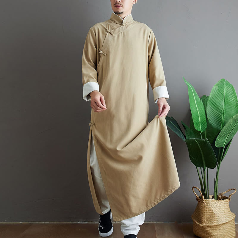 Fall Solid Color Chinese Frog-Button Cotton Men's Tang Suit Robe