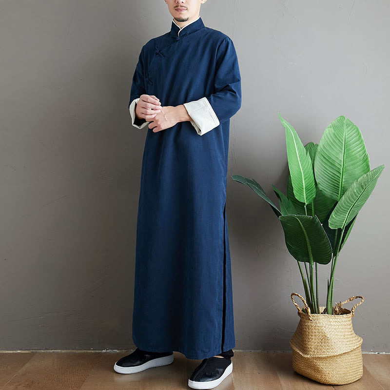 Fall Solid Color Chinese Frog-Button Cotton Men's Tang Suit Robe