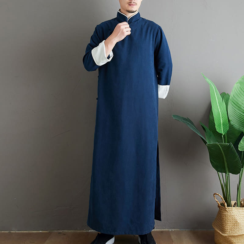 Fall Solid Color Chinese Frog-Button Cotton Men's Tang Suit Robe