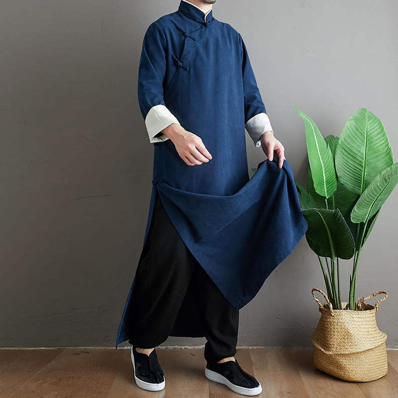 Fall Solid Color Chinese Frog-Button Cotton Men's Tang Suit Robe