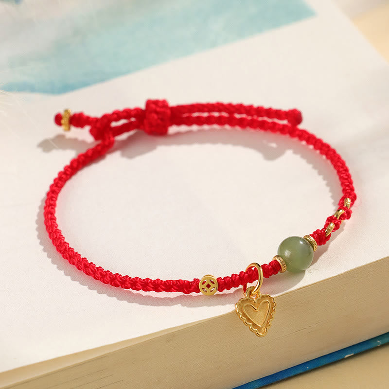 Hand-Woven Red String Bracelet with Hetian Jade, 925 Sterling Silver & Copper Coin Heart