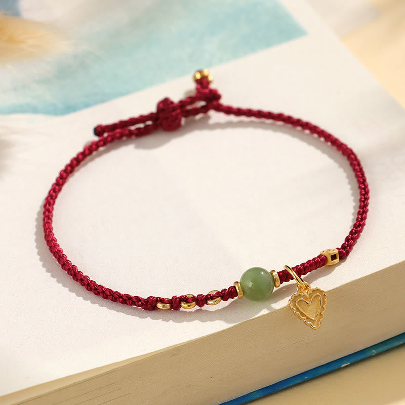 Hand-Woven Red String Bracelet with Hetian Jade, 925 Sterling Silver & Copper Coin Heart
