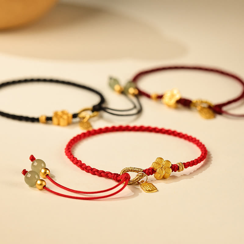 Natural Hetian Jade Peach Blossom & Fu Character Charm Red String Bracelet