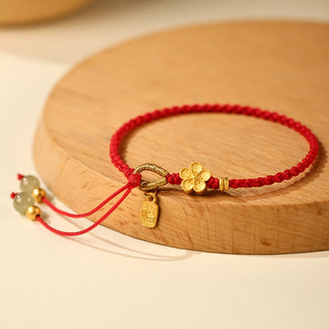 Natural Hetian Jade Peach Blossom & Fu Character Charm Red String Bracelet