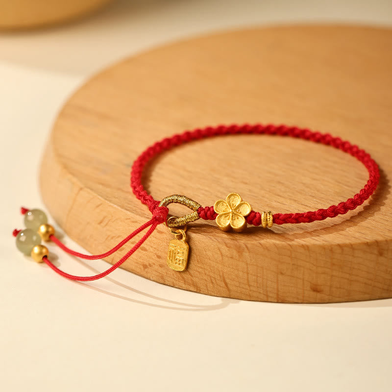 Natural Hetian Jade Peach Blossom & Fu Character Charm Red String Bracelet
