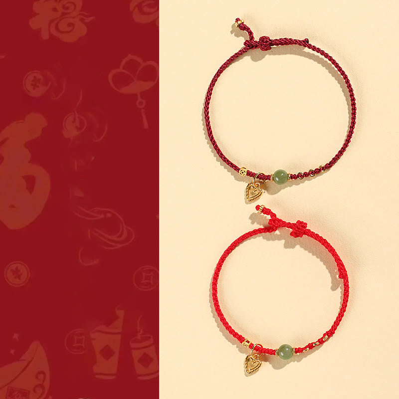 Hand-Woven Red String Bracelet with Hetian Jade, 925 Sterling Silver & Copper Coin Heart