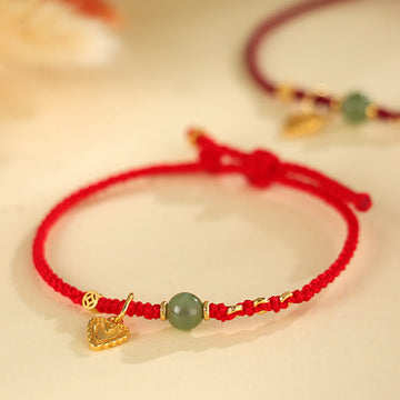 Hand-Woven Red String Bracelet with Hetian Jade, 925 Sterling Silver & Copper Coin Heart