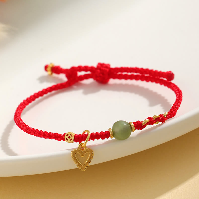 Hand-Woven Red String Bracelet with Hetian Jade, 925 Sterling Silver & Copper Coin Heart