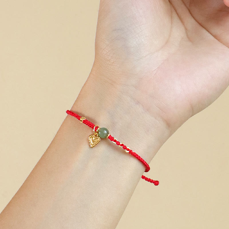 Hand-Woven Red String Bracelet with Hetian Jade, 925 Sterling Silver & Copper Coin Heart
