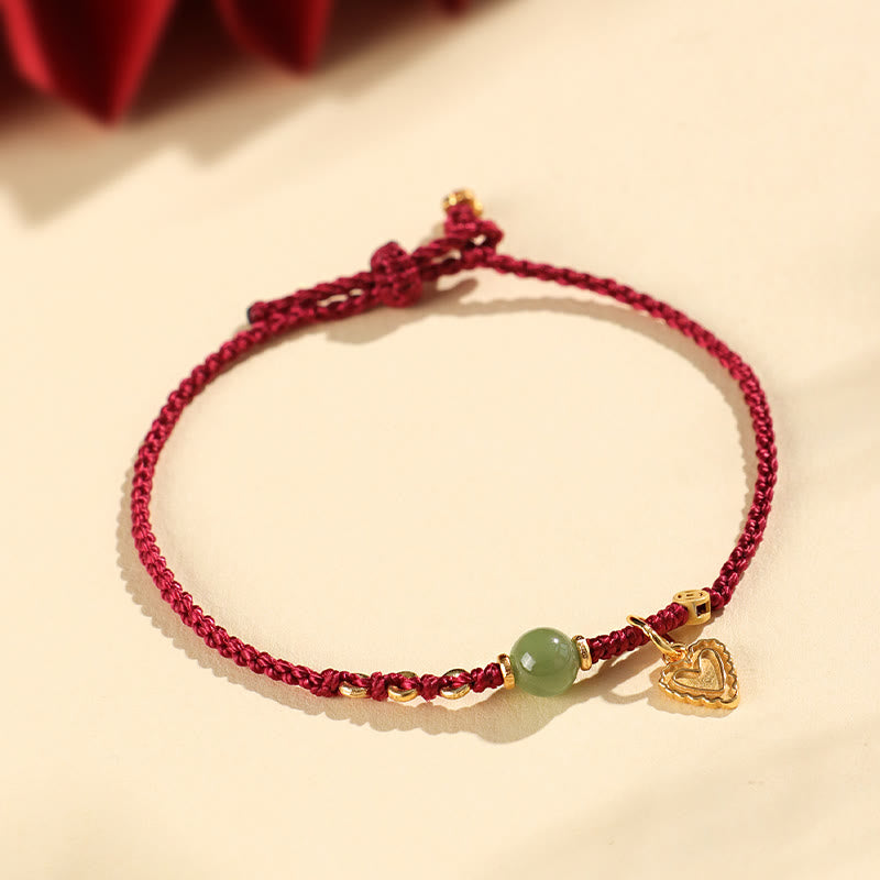 Hand-Woven Red String Bracelet with Hetian Jade, 925 Sterling Silver & Copper Coin Heart