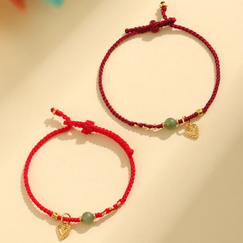 Hand-Woven Red String Bracelet with Hetian Jade, 925 Sterling Silver & Copper Coin Heart