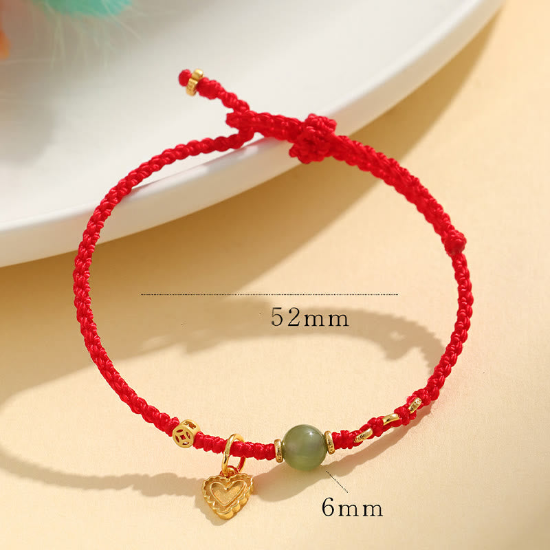 Hand-Woven Red String Bracelet with Hetian Jade, 925 Sterling Silver & Copper Coin Heart