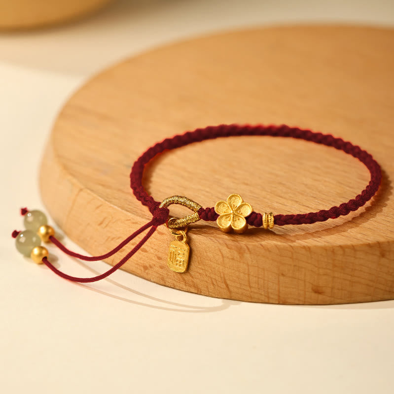 Natural Hetian Jade Peach Blossom & Fu Character Charm Red String Bracelet