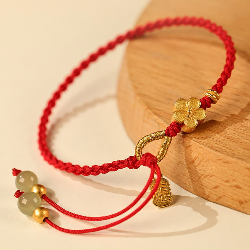 Natural Hetian Jade Peach Blossom & Fu Character Charm Red String Bracelet