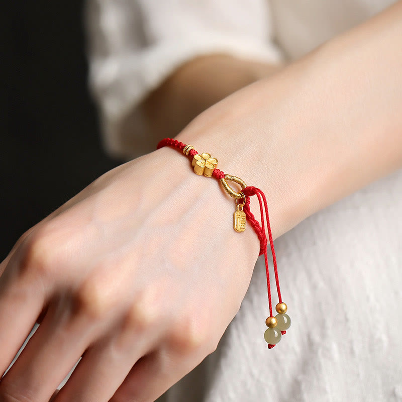 Natural Hetian Jade Peach Blossom & Fu Character Charm Red String Bracelet
