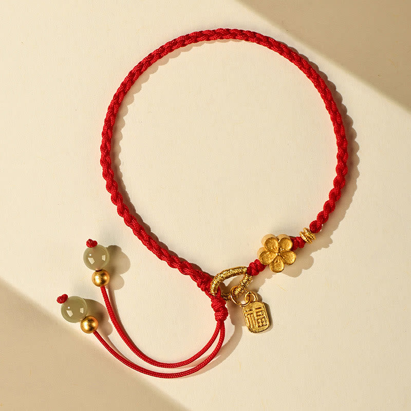Natural Hetian Jade Peach Blossom & Fu Character Charm Red String Bracelet