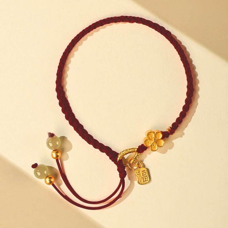 Natural Hetian Jade Peach Blossom & Fu Character Charm Red String Bracelet