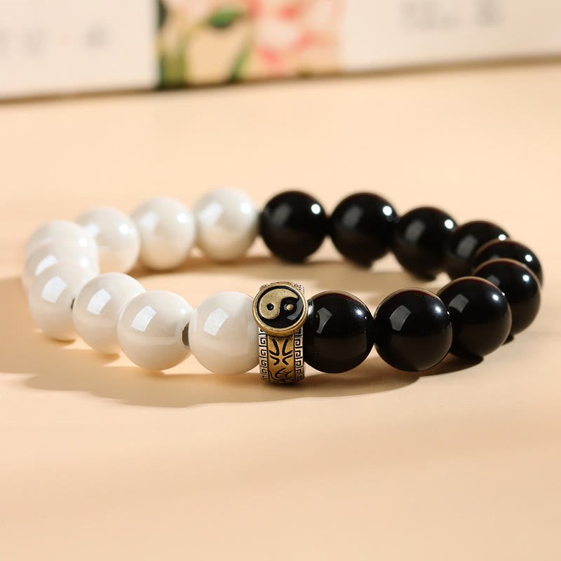 Yin Yang Balance Black Obsidian and White Porcelain Beaded Bracelet
