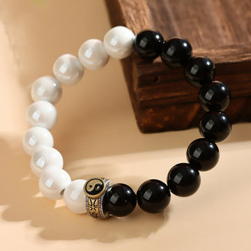 Yin Yang Balance Black Obsidian and White Porcelain Beaded Bracelet
