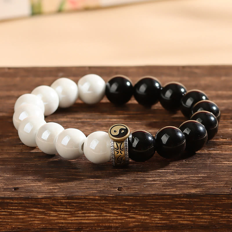 Yin Yang Balance Black Obsidian and White Porcelain Beaded Bracelet