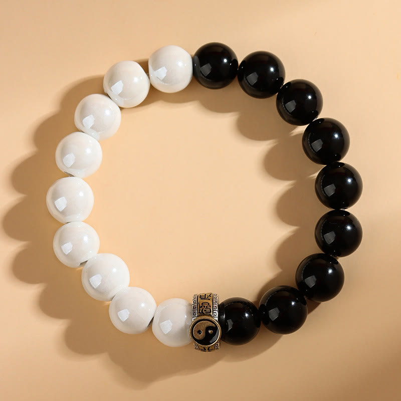 Yin Yang Balance Black Obsidian and White Porcelain Beaded Bracelet