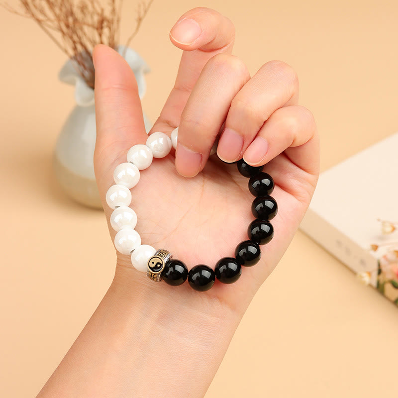 Yin Yang Balance Black Obsidian and White Porcelain Beaded Bracelet