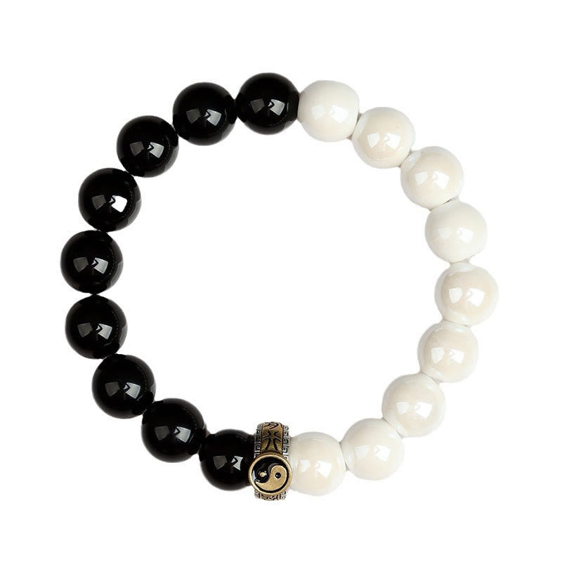 Yin Yang Balance Black Obsidian and White Porcelain Beaded Bracelet