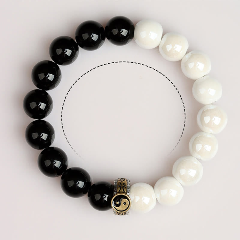 Yin Yang Balance Black Obsidian and White Porcelain Beaded Bracelet