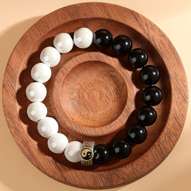 Yin Yang Balance Black Obsidian and White Porcelain Beaded Bracelet