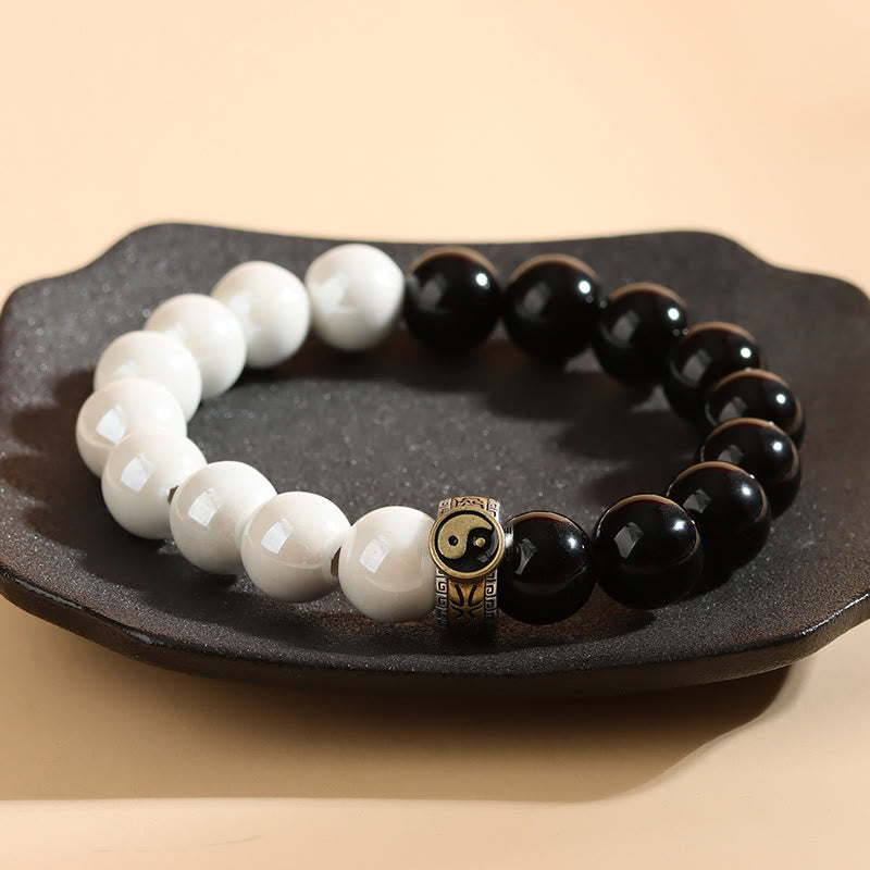 Yin Yang Balance Black Obsidian and White Porcelain Beaded Bracelet