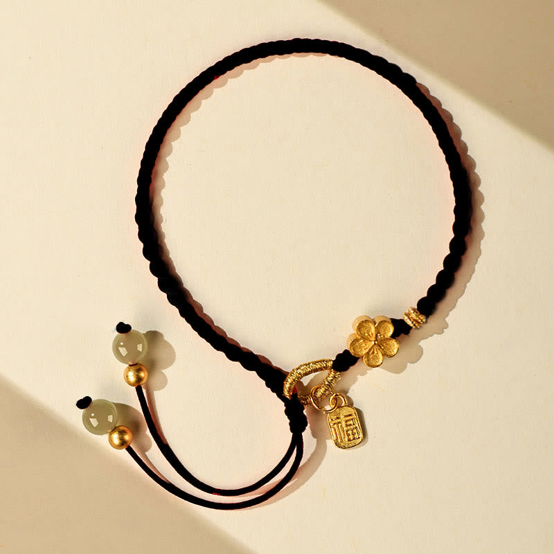 Natural Hetian Jade Peach Blossom & Fu Character Charm Red String Bracelet