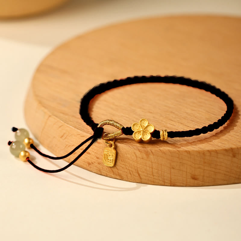 Natural Hetian Jade Peach Blossom & Fu Character Charm Red String Bracelet