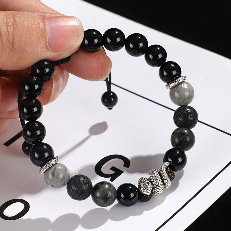 Black Onyx Black Glitter Stone White Agate White Turquoise Year Of The Snake Protection Bracelet